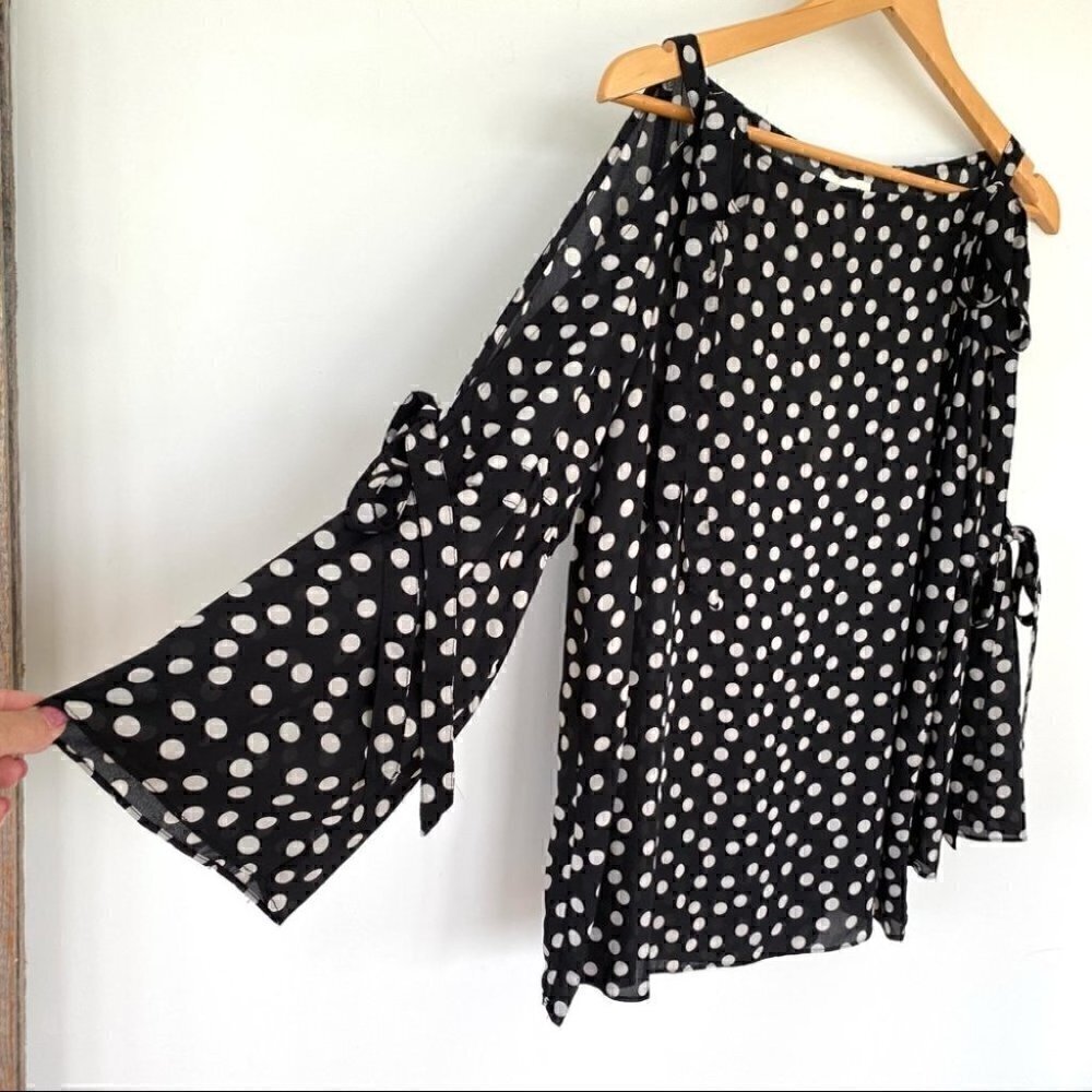 Max Studio top with cold shoulder and bows in a polka dot print